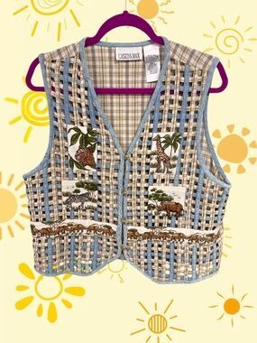 Vintage Casey & Max tan and blue stitched jungle vest